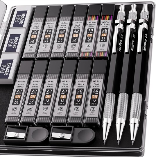 Greentek; 2mm Metal Mechanical Pencil Set with Case, 3PCS Lead Pencil Holder 2.0 mm with 144PCS Lead Refills (4H 2H HB 2B 4B 6B Color), Eraser, Sharpener for Drafting Writing Drawing Sketching; Category:Mechanical Pencils; Image:1